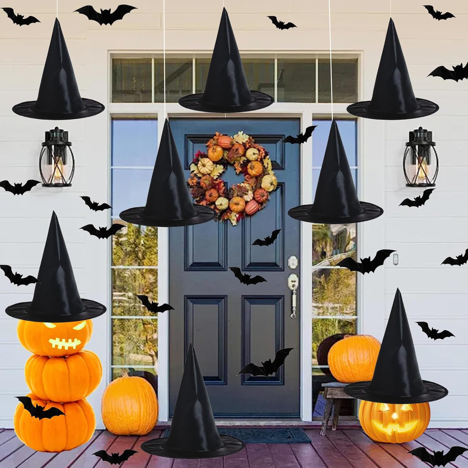 Witch Hat Decorations - 8PCS Black Hanging Witch Hats & 32PCS 3D Bats, Halloween Decor & Party Accessory for Indoor/Outdoor Use